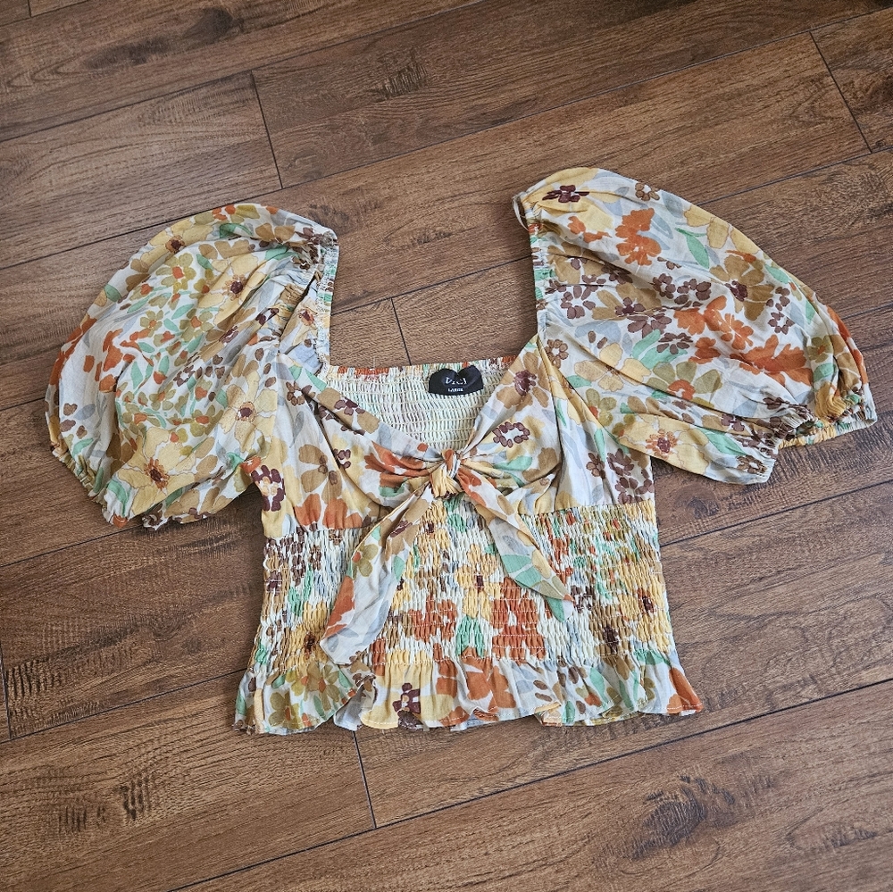 Cream and Orange Puff Sleeve Blouse with Tie Front